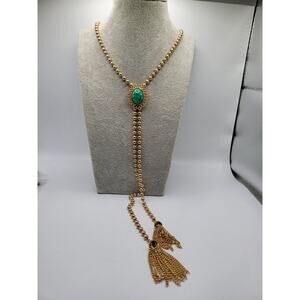 Vintage Avon Green Cabochon Bolo Necklace Gold Tone Beaded Tassel Adjustable